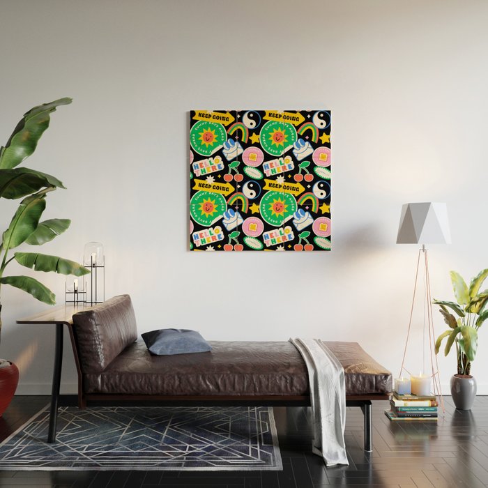 Retro cartoon sticker label pattern Wood Wall Art Gallery Image 2