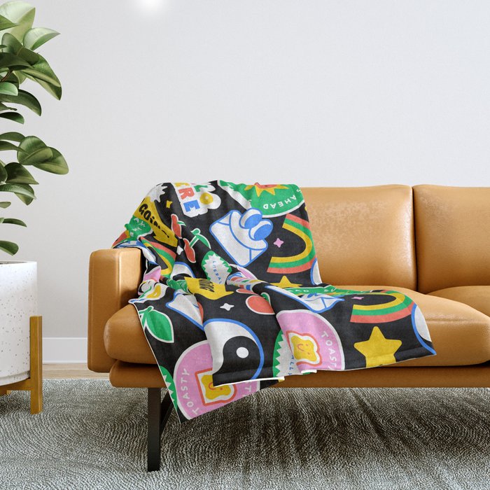 Retro cartoon sticker label pattern Throw Blanket Gallery Image 1