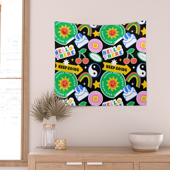 Retro cartoon sticker label pattern Wall Tapestry Gallery Image 2