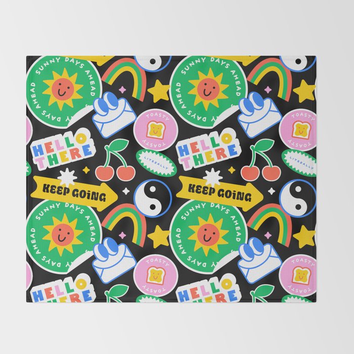 Retro cartoon sticker label pattern Throw Blanket Gallery Image 2
