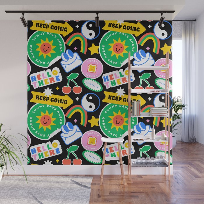 Retro cartoon sticker label pattern Wall Mural Gallery Image 1