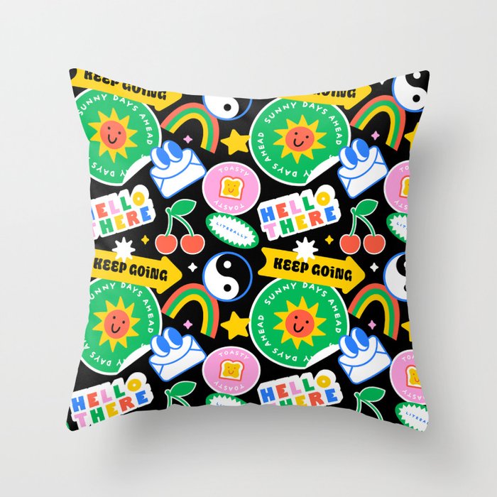 Retro cartoon sticker label pattern Throw Pillow Gallery Image 1