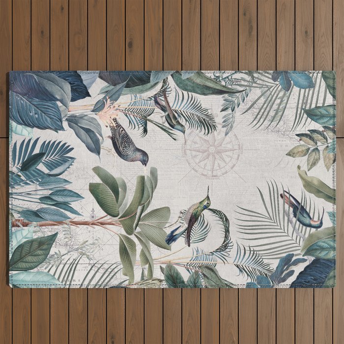 Tropical Birds Paradise Vintage Botanical Illustration Outdoor Rug Gallery Image 2