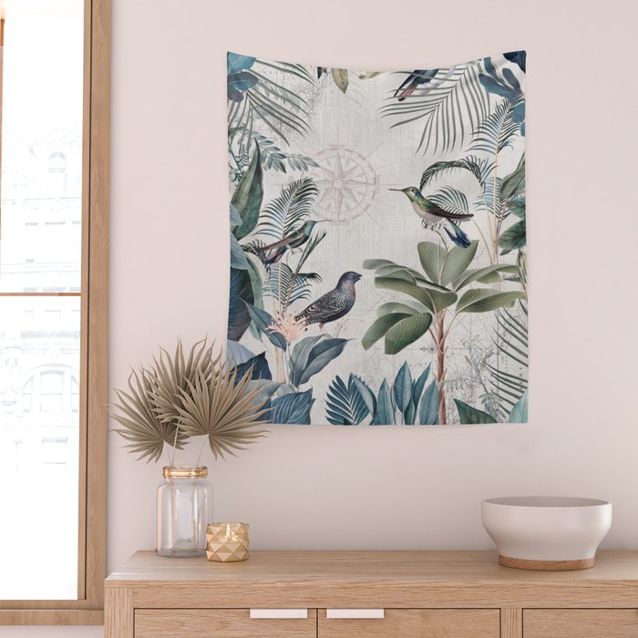 Tropical Birds Paradise Vintage Botanical Illustration Wall Tapestry Gallery Image 2