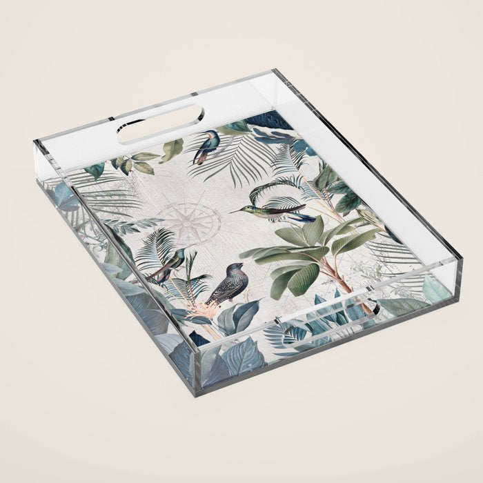 Tropical Birds Paradise Vintage Botanical Illustration Acrylic Tray Gallery Image 1