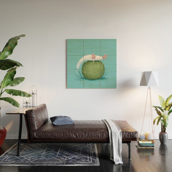 Axolotl on a Mossball Wood Wall Art Gallery Image 2