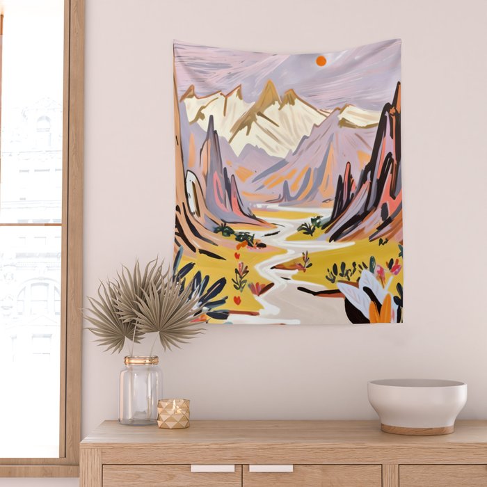 Lavender Mountains, Romantic Scenic Landscape Nature, Travel Summer Painting, Bohemian Colorful Hills Adventure Sunset Wall Tapestry Gallery Image 2