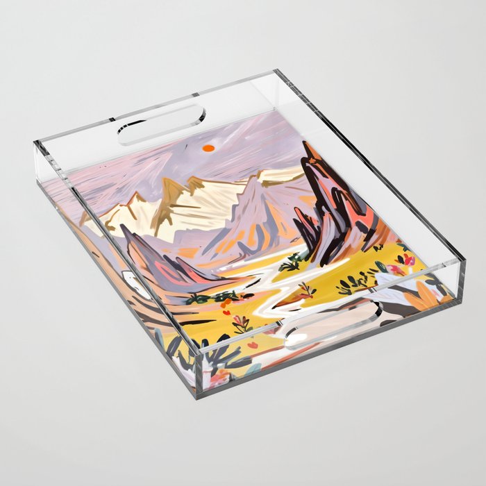 Lavender Mountains, Romantic Scenic Landscape Nature, Travel Summer Painting, Bohemian Colorful Hills Adventure Sunset Acrylic Tray Gallery Image 1