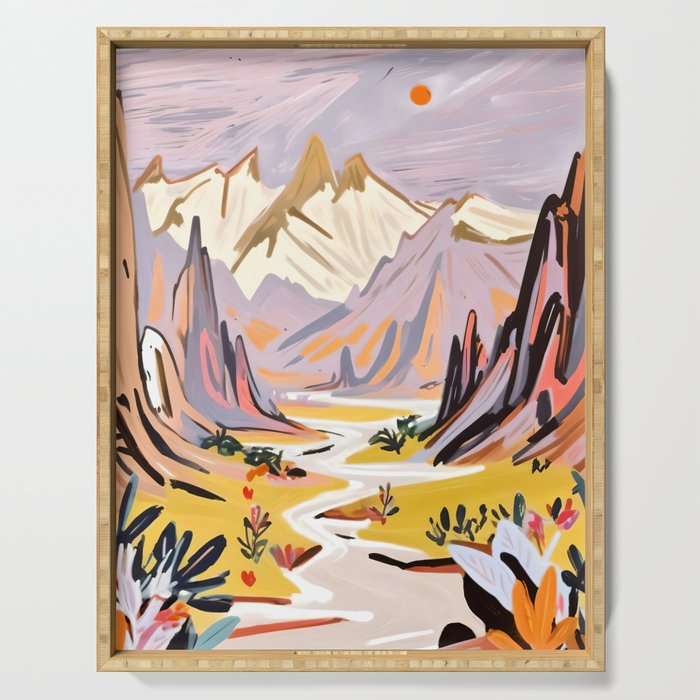 Lavender Mountains, Romantic Scenic Landscape Nature, Travel Summer Painting, Bohemian Colorful Hills Adventure Sunset Serving Tray Gallery Image 1
