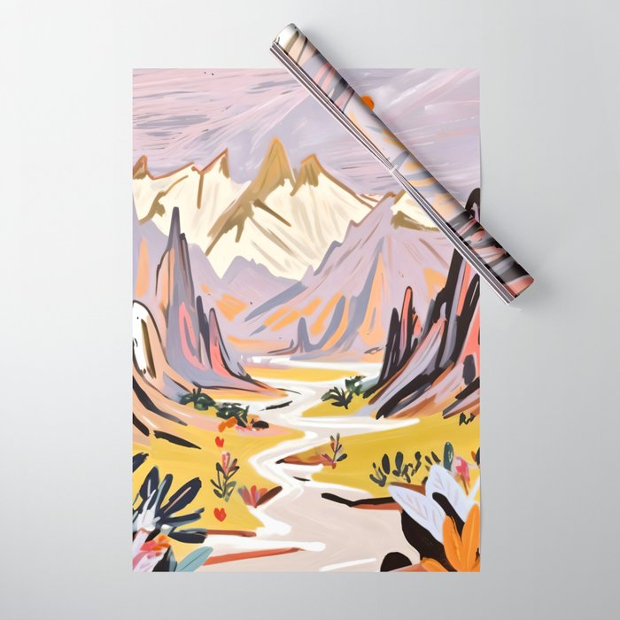 Lavender Mountains, Romantic Scenic Landscape Nature, Travel Summer Painting, Bohemian Colorful Hills Adventure Sunset Wrapping Paper Gallery Image 1