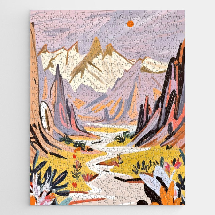 Lavender Mountains, Romantic Scenic Landscape Nature, Travel Summer Painting, Bohemian Colorful Hills Adventure Sunset Jigsaw Puzzle Gallery Image 1