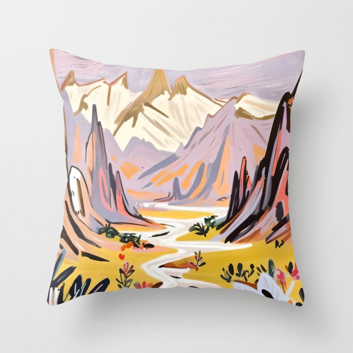 Lavender Mountains, Romantic Scenic Landscape Nature, Travel Summer Painting, Bohemian Colorful Hills Adventure Sunset Throw Pillow Gallery Image 6