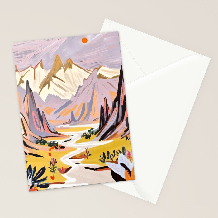Lavender Mountains, Romantic Scenic Landscape Nature, Travel Summer Painting, Bohemian Colorful Hills Adventure Sunset Stationery Card Gallery Image 2