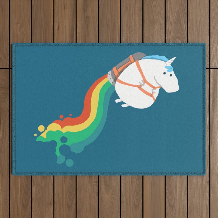 Fat Unicorn on Rainbow Jetpack Outdoor Rug Gallery Image 1
