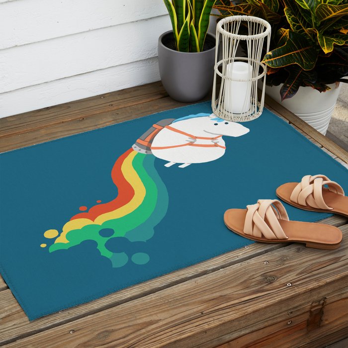 Fat Unicorn on Rainbow Jetpack Outdoor Rug Gallery Image 2
