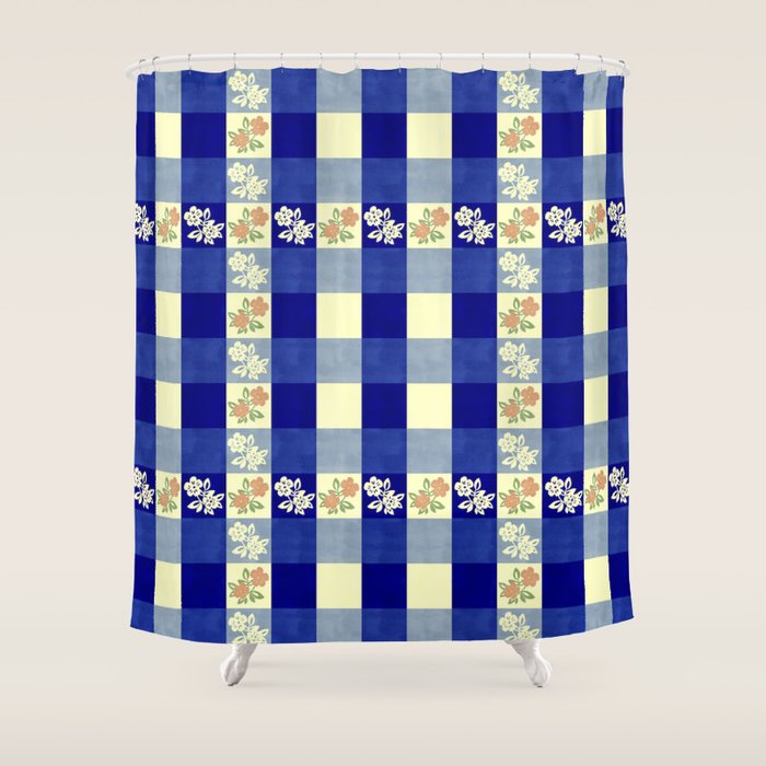 Vintage Blue Gingham with Flowers Shower Curtain Gallery Image 1