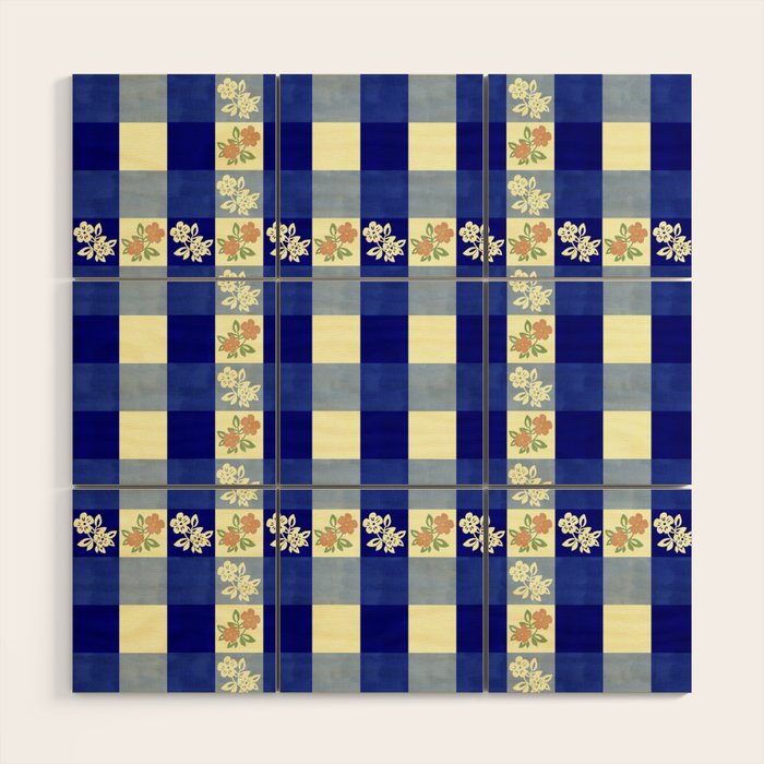 Vintage Blue Gingham with Flowers Wood Wall Art Gallery Image 1