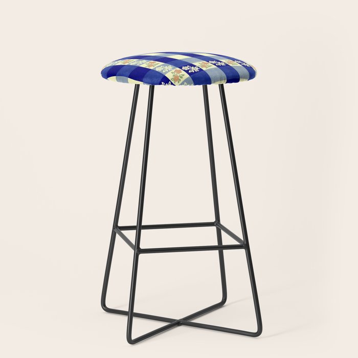 Vintage Blue Gingham with Flowers Stool Gallery Image 1
