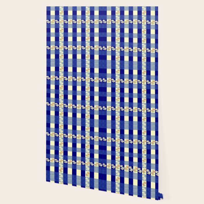 Vintage Blue Gingham with Flowers Wallpaper Gallery Image 2