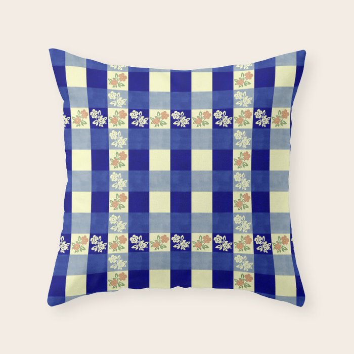 Vintage Blue Gingham with Flowers Throw Pillow Gallery Image 1