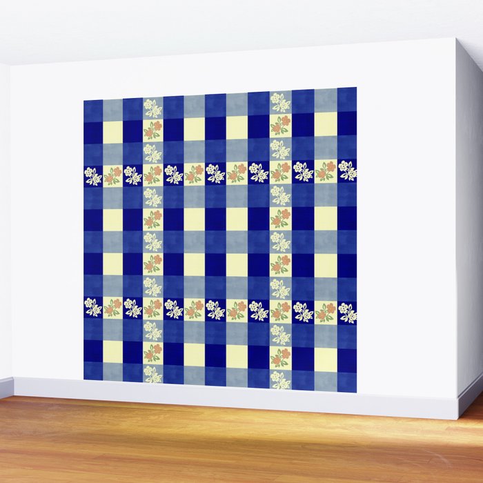 Vintage Blue Gingham with Flowers Wall Mural Gallery Image 2