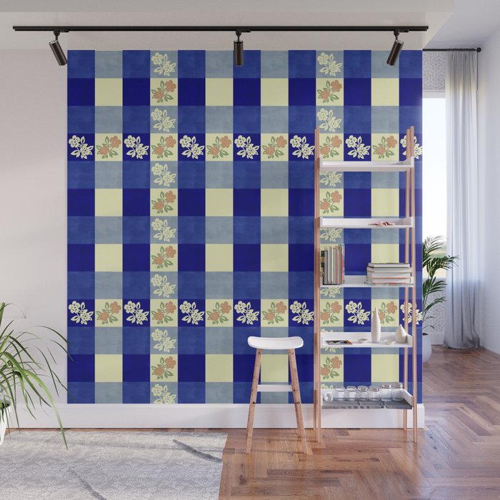 Vintage Blue Gingham with Flowers Wall Mural Gallery Image 1