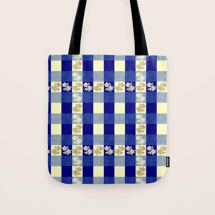 Vintage Blue Gingham with Flowers Tote Bag Gallery Image 1