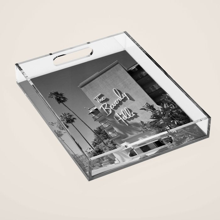 Beverly Hills Hotel, California black and white photograph / black and white photography Acrylic Tray Gallery Image 1