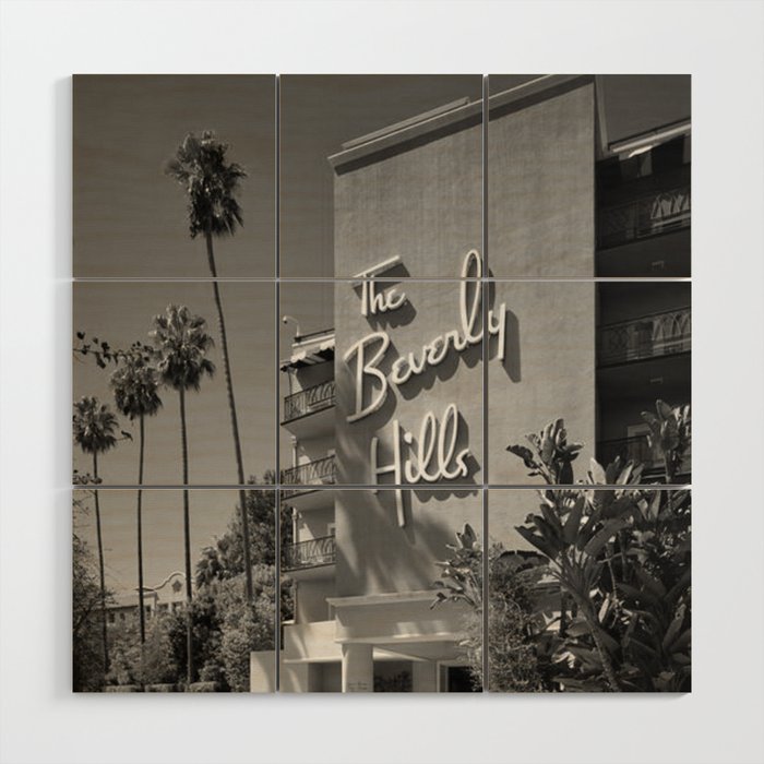 Beverly Hills Hotel, California black and white photograph / black and white photography Wood Wall Art Gallery Image 1