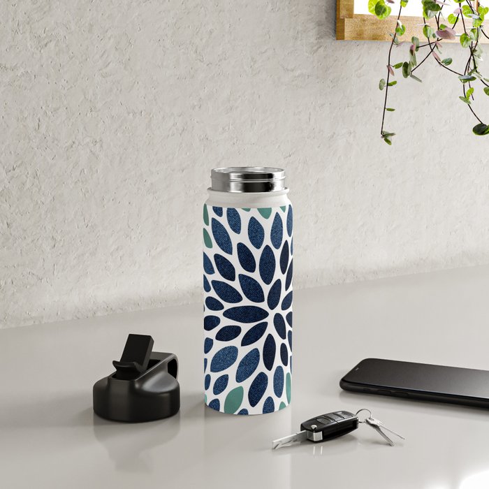 Modern, Blue and Green, Floral Bloom, Botanical Pattern Water Bottle Gallery Image 4