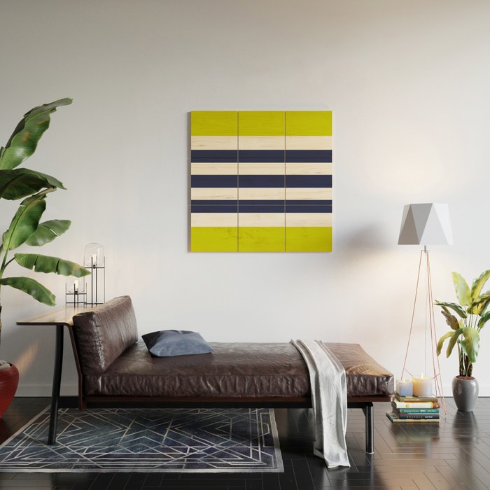 Modern Classy Navy Blue Lime Green STRIPES Wood Wall Art Gallery Image 2