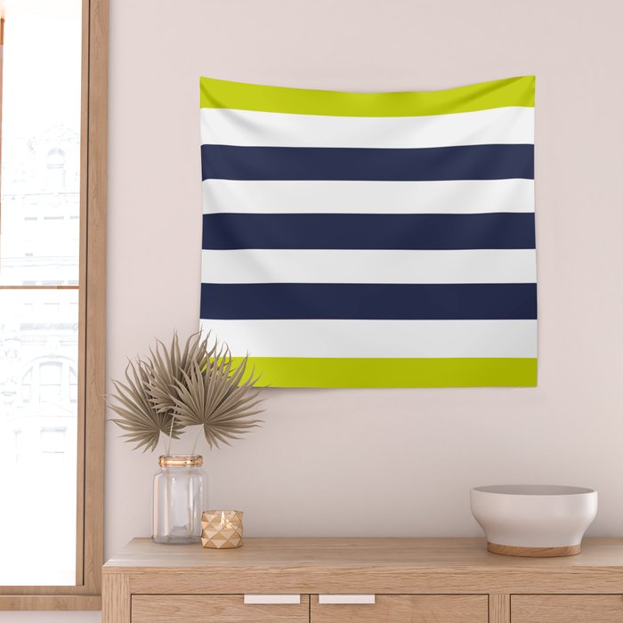 Modern Classy Navy Blue Lime Green STRIPES Wall Tapestry Gallery Image 2