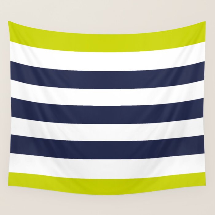 Modern Classy Navy Blue Lime Green STRIPES Wall Tapestry Gallery Image 1