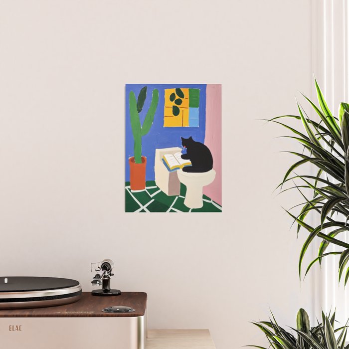 Cat Reading Sitting on the Toilet Colorful Oil Style Painting Poster Gallery Image 2