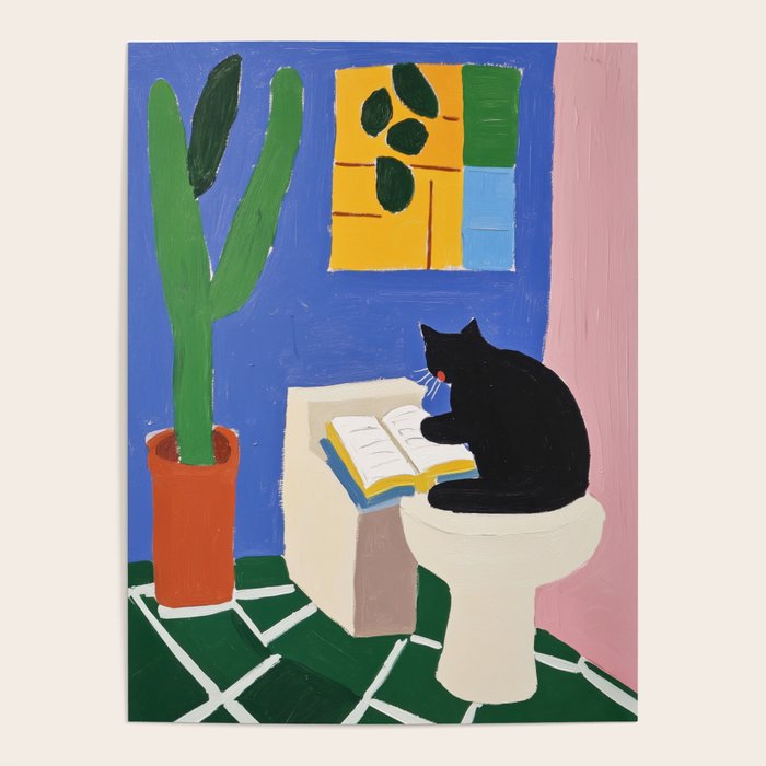 Cat Reading Sitting on the Toilet Colorful Oil Style Painting Poster Gallery Image 4