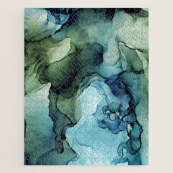 Land and Water Abstract Ink Painting Blues and Greens Jigsaw Puzzle Gallery Image 1