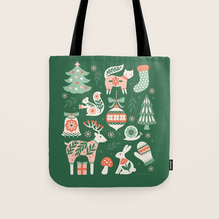 Festive Folk Art Forest Animals - Green and Red Tote Bag Gallery Image 1