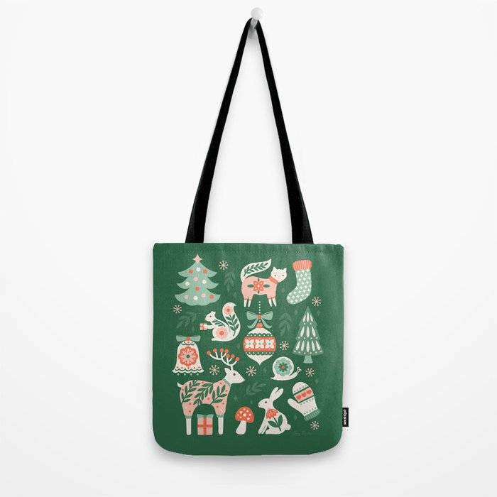 Festive Folk Art Forest Animals - Green and Red Tote Bag Gallery Image 2