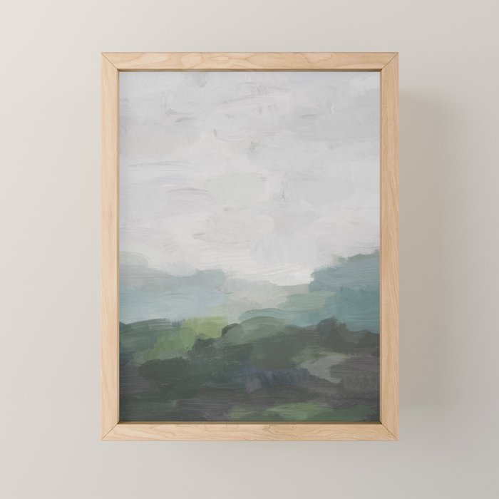 Temple of Flora - Dark Green Seafoam Teal Valley Horizon Gray Cloudy Skies Abstract Nature Painting Mini Art Print Gallery Image 1