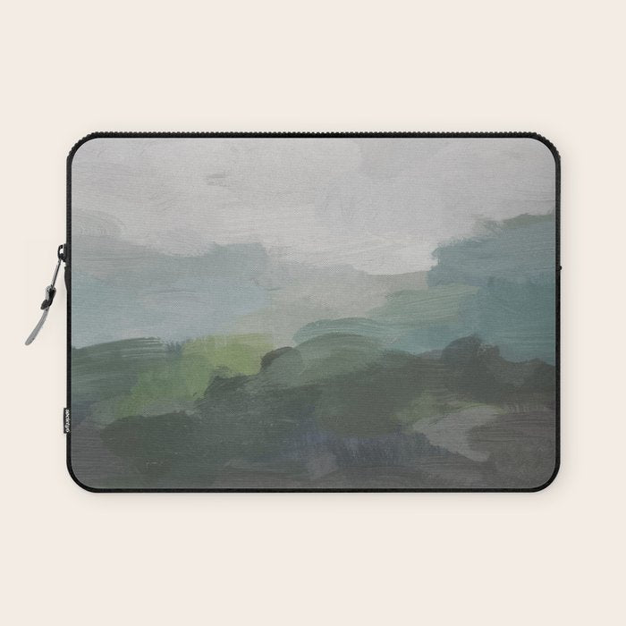 Temple of Flora - Dark Green Seafoam Teal Valley Horizon Gray Cloudy Skies Abstract Nature Painting Laptop Sleeve Gallery Image 1