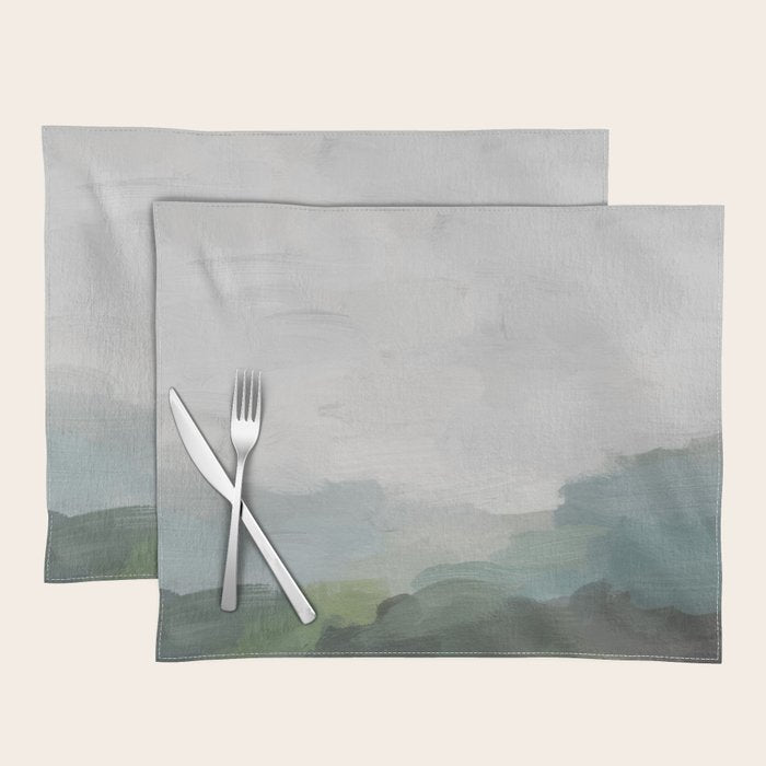 Temple of Flora - Dark Green Seafoam Teal Valley Horizon Gray Cloudy Skies Abstract Nature Painting Placemat Gallery Image 1