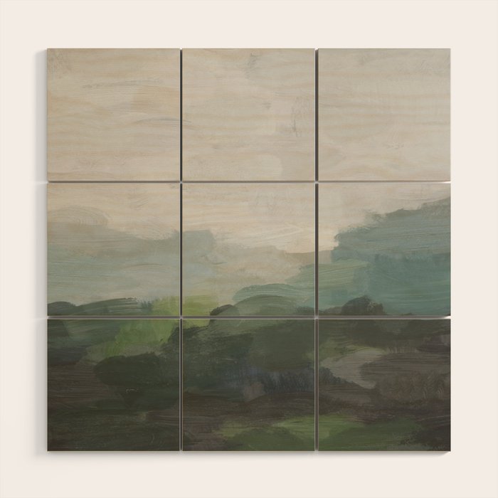 Temple of Flora - Dark Green Seafoam Teal Valley Horizon Gray Cloudy Skies Abstract Nature Painting Wood Wall Art Gallery Image 1