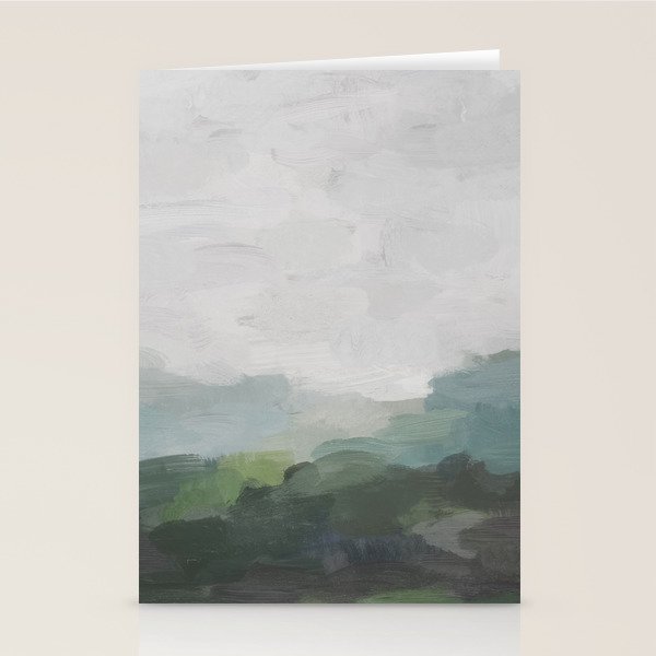 Temple of Flora - Dark Green Seafoam Teal Valley Horizon Gray Cloudy Skies Abstract Nature Painting Stationery Card Gallery Image 1
