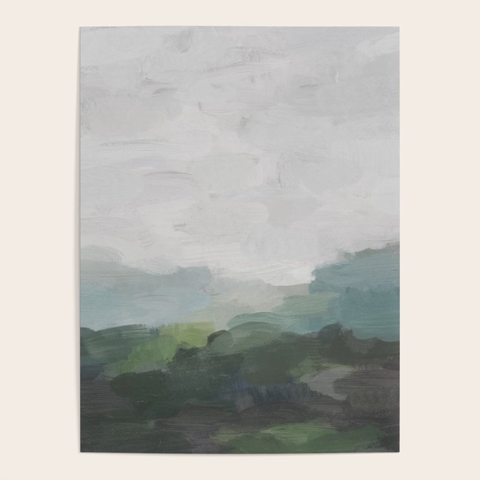 Temple of Flora - Dark Green Seafoam Teal Valley Horizon Gray Cloudy Skies Abstract Nature Painting Poster Gallery Image 1