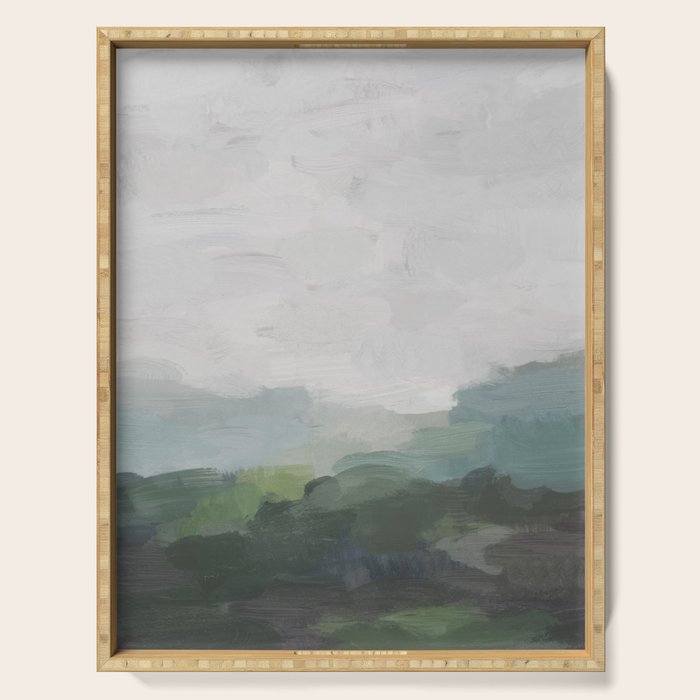 Temple of Flora - Dark Green Seafoam Teal Valley Horizon Gray Cloudy Skies Abstract Nature Painting Serving Tray Gallery Image 1
