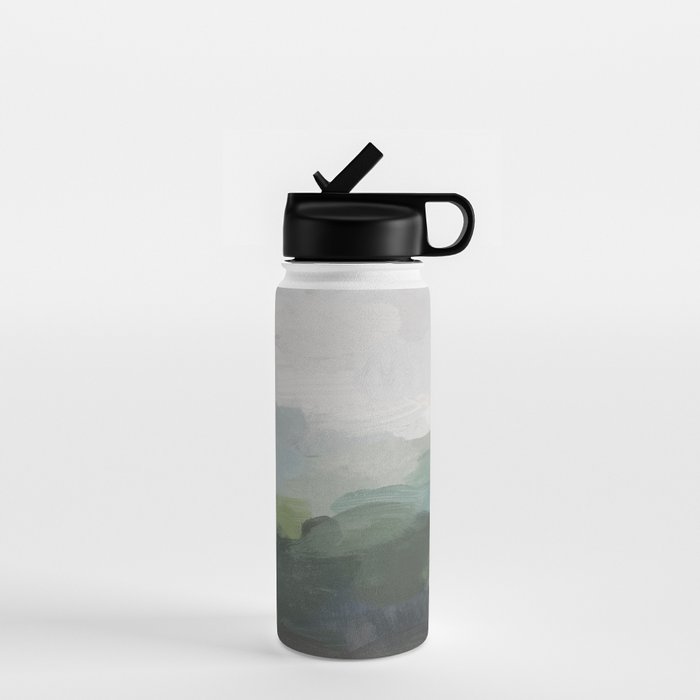 Temple of Flora - Dark Green Seafoam Teal Valley Horizon Gray Cloudy Skies Abstract Nature Painting Water Bottle Gallery Image 1