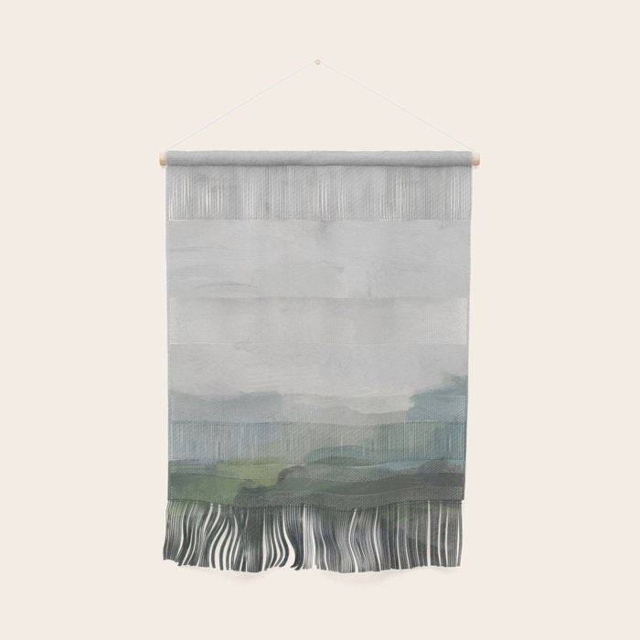 Temple of Flora - Dark Green Seafoam Teal Valley Horizon Gray Cloudy Skies Abstract Nature Painting Wall Hanging Gallery Image 1