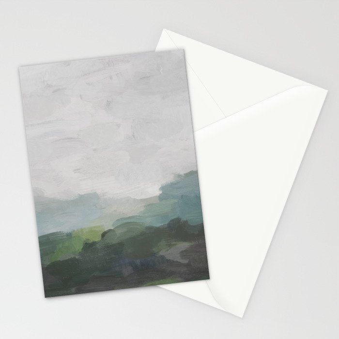 Temple of Flora - Dark Green Seafoam Teal Valley Horizon Gray Cloudy Skies Abstract Nature Painting Stationery Card Gallery Image 2