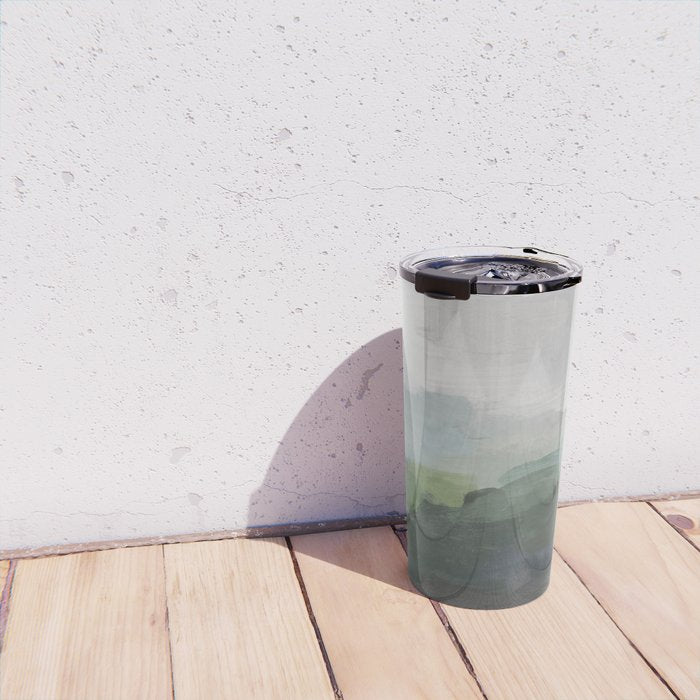 Temple of Flora - Dark Green Seafoam Teal Valley Horizon Gray Cloudy Skies Abstract Nature Painting Travel Mug Gallery Image 4