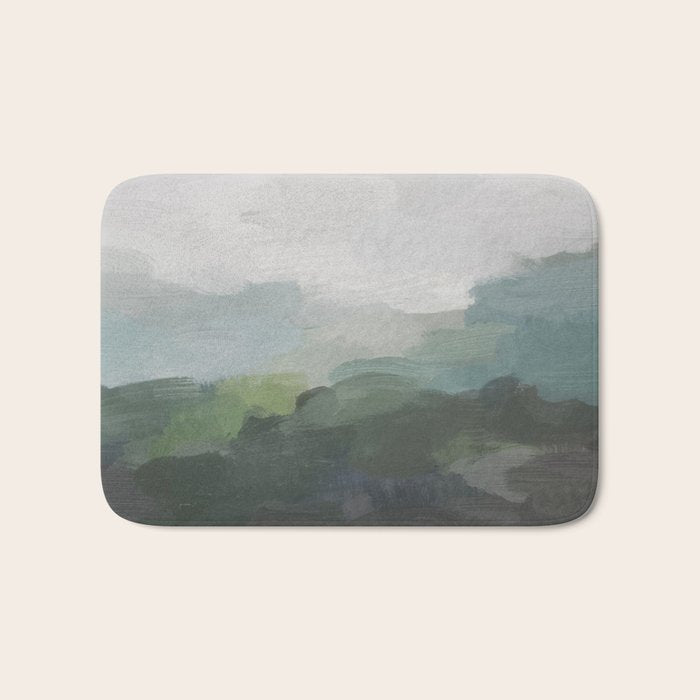 Temple of Flora - Dark Green Seafoam Teal Valley Horizon Gray Cloudy Skies Abstract Nature Painting Bath Mat Gallery Image 1